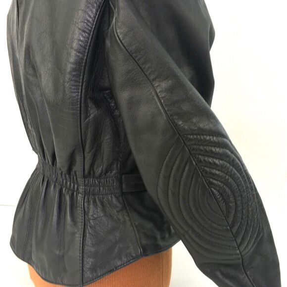 Vintage Bermans Leather Motorcycle‎ Jacket Womens Sz 12 Black Biker Belted USA - Picture 5 of 10